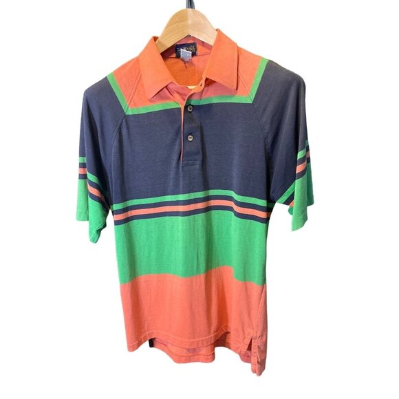 IZOD Navy Green Orange Striped Short Sleeve Polo Shirt SZ M - Picture 1 of 5